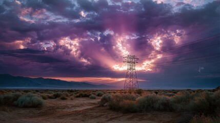 Transmission tower standing in a desert with shrubs under a vivid sunset sky filled with purple clouds and beams of sunlight.