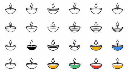 Collection of decorative diya lamps with vibrant flames for festive celebrations and cultural events