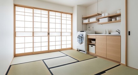 Serene Japanese Laundry Room with Tatami Mats and Modern Washer