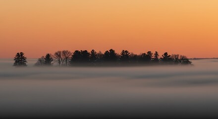 Serene island of trees emerges from thick fog at sunrise with orange sky