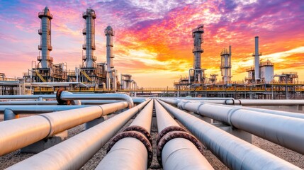Industrial pipeline infrastructure at sunset oil refinery photography urban environment wide angle view energy sector dynamics