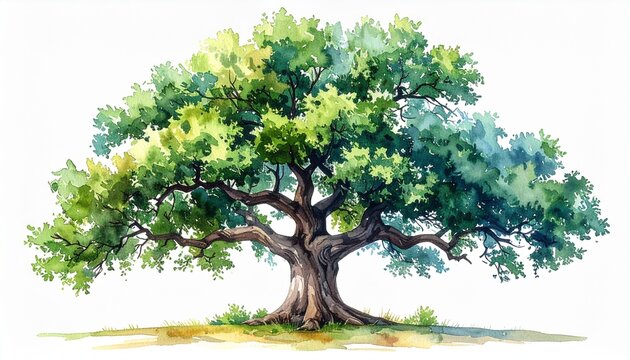 Vibrant watercolor painting of a majestic, old tree featuring a vast, verdant green canopy and a sturdy, deeply rooted trunk, symbolizing enduring nature and growth