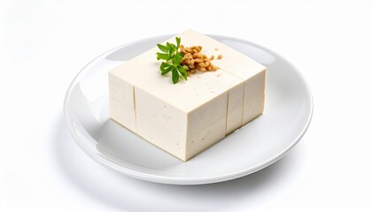 Healthy and fresh block of firm tofu, a versatile plant-based protein, elegantly presented on a white plate with vibrant green parsley and savory crispy topping, reflecting dietary concepts