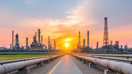 Industrial sunset over oil refinery energy sector photograph urban landscape wide angle sustainable development