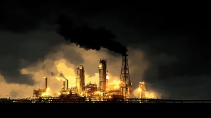 Fototapeta premium Industrial operations at night oil refinery digital illustration urban environment wide angle view energy production