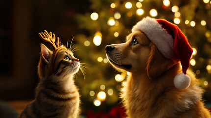 A candid, realistic shot of the cat and dog looking at the Christmas tree lights