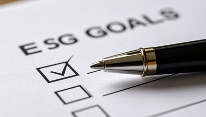 ESG Goals Checklist A Close-Up View of a Pen Checking Off a Box for Environmental, Social, and Governance Objectives