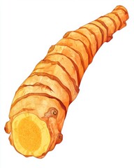 Vibrant orange turmeric root displayed on a plain background, showcasing its textured surface and bright interior.