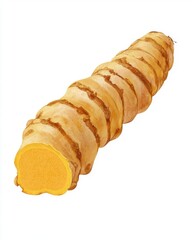 A vibrant yellow turmeric root, showcasing its textured surface and vivid color, emphasizing its culinary and health benefits.