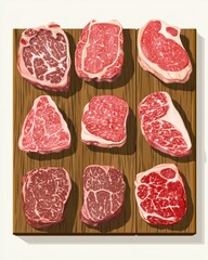 An assortment of premium marbled beef cuts displayed on a wooden board, showcasing vibrant colors and textures.