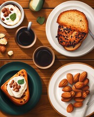 A delightful breakfast spread featuring toast, yogurt, and almonds, set on rustic wooden tables.