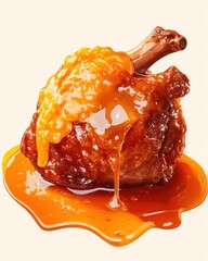 A deliciously glazed chicken drumstick tantalizingly dripping with sweet orange sauce.