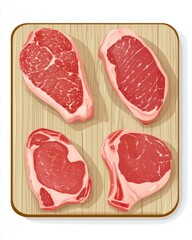 A collection of premium raw beef cuts on a wooden cutting board, showcasing different marbling and textures.