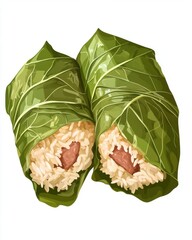 Two vibrant green wraps containing fluffy rice and meat, showcasing a fusion of colors and textures.