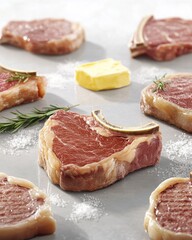 Raw meat cuts arranged artistically with herbs and butter for a gourmet presentation.