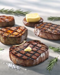 Grilled meat steaks with fresh rosemary and butter, showcasing rich colors and textures, perfect for a gourmet meal.