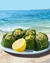 Delicious green wraps filled with savory ingredients, served on a plate with a slice of lemon by the serene beach.