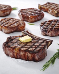 A succulent grilled steak topped with a pat of butter, surrounded by perfectly seared steaks on a light backdrop.