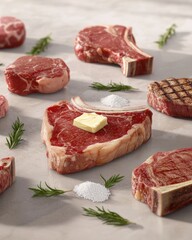 An assortment of premium meat cuts displayed artistically with herbs and salt, highlighting their freshness and quality.