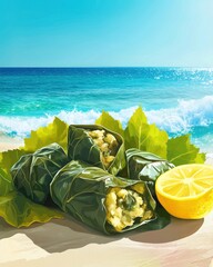 Delicious stuffed grape leaves with a slice of lemon on a sunny beach, highlighting vibrant colors and fresh ingredients.