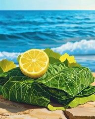 Fresh green collard leaves with a lemon slice on a sunny beach, showcasing vibrant colors and a refreshing mood.