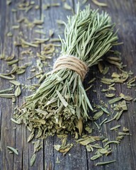 A rustic bundle of dried herbs on a weathered wooden surface, exuding an earthy, natural aroma.