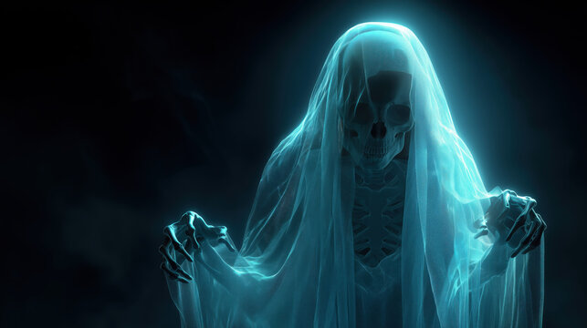 Haunting Illustration of a Skeletal Banshee in Ethereal Glow with Ghostly Veil
