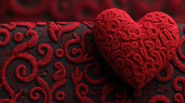 A plush, crimson heart rests atop dark, ornate fabric; intricate swirls and scrolls in deep red on a black background