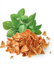 A vibrant arrangement of spinach leaves paired with crispy, golden chips on a white background.