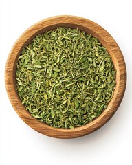 A wooden bowl filled with vibrant dried oregano leaves, showcasing their rich green color and texture.