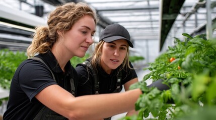 Two women working in a greenhouse.