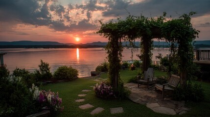 Obraz premium Serene sunset over calm lake, viewed from a garden with stone patio, wooden arbor covered in vines, and comfortable chairs