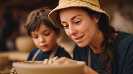 Woman and child making pottery together.