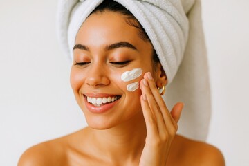 Smiling young woman with towel on head applying moisturizing cream to cheek. Clean background and natural lighting. Concept of skincare, beauty, and daily self-care routine