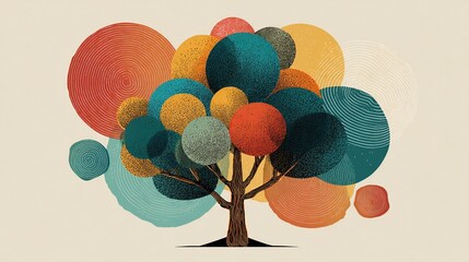 A stylized tree with a dark brown trunk and a crown of colorful, textured circles in teal, orange, red, and yellow, set against a beige background.  The circles 