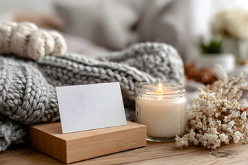 Cozy Candle and Blanket Scene Business Card Mockup