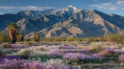 Snow-capped mountains rise majestically behind a vibrant field of wildflowers and desert palms at sunset
