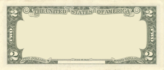 Template of financial illustration. Blank vintage money frame. Example of reverse of 2 dollars US banknote. United States of America. Mock up of american note. Empty border