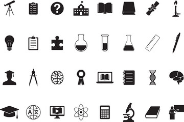 Education and science glyph icon set. Pictograms of atom, microscope, test tube, flask, telescope, DNA, school building, laptop, checklist, clipboard, black sign silhouette illustration.
