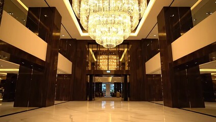 High-angle, symmetrical shot of a luxurious hotel lobby showcasing Cyber Monday home shopping deals; a Golden Ticket promotion is subtly featured, with warm lighting and