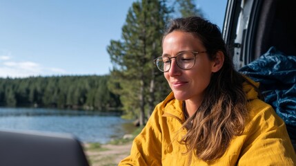 Woman sitting in truck by lake, smiling at camera.