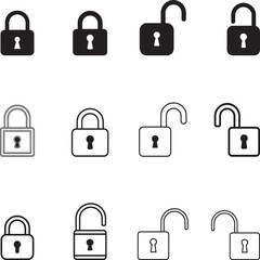 Lock icon set in flat black silhouette vector illustration bundle for security and privacy design
