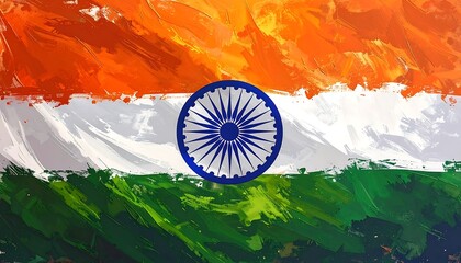 A vibrant, expressive depiction of the Indian flag, rendered with bold brushstrokes and a dynamic color palette.