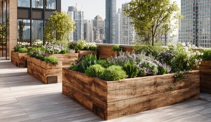Urban rooftop garden with wooden planters. City view