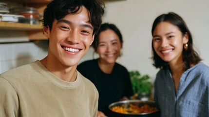 Fototapeta premium Young man and woman smiling in kitchen.