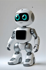 Fototapeta premium A small humanoid robot stands against a neutral background. It has a white body with grey accents, featuring a shiny, rounded design. 