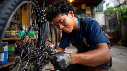 Man working on bicycle tire.