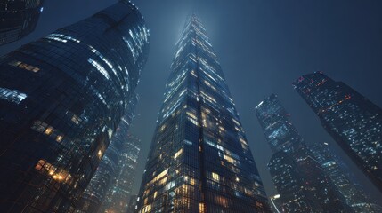 Obraz premium Futuristic Metropolis at Night - Towering Skyscrapers Illuminated by Electric Glow Under Moody Sky.