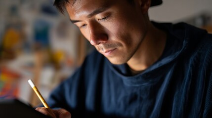 Man writing at desk.