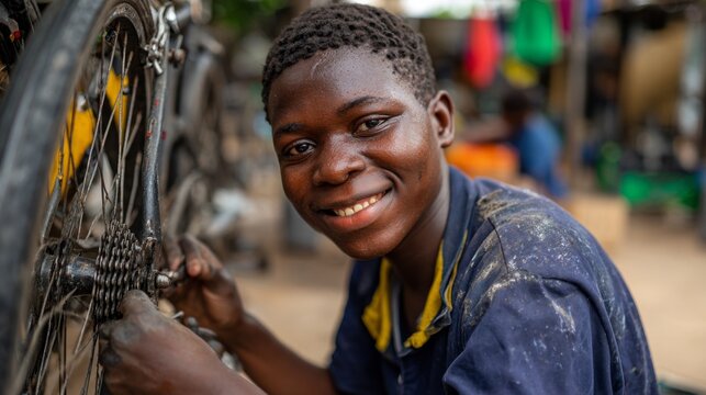 Man working on bicycle wheel.